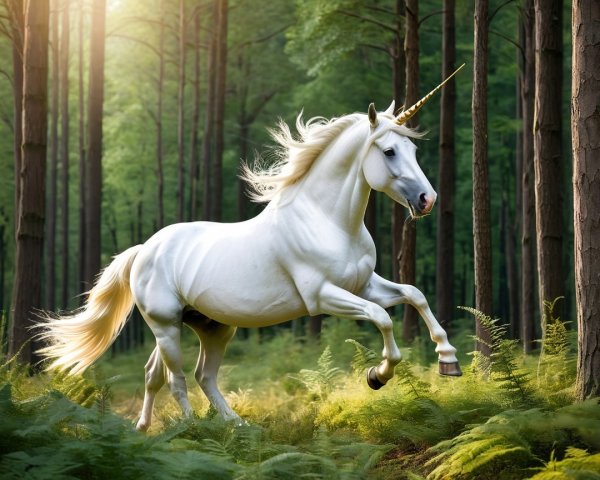 Majestic white unicorn in a lush green forest