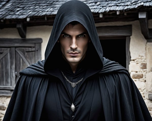Mysterious Figure in Black Cloak Against Stone Building