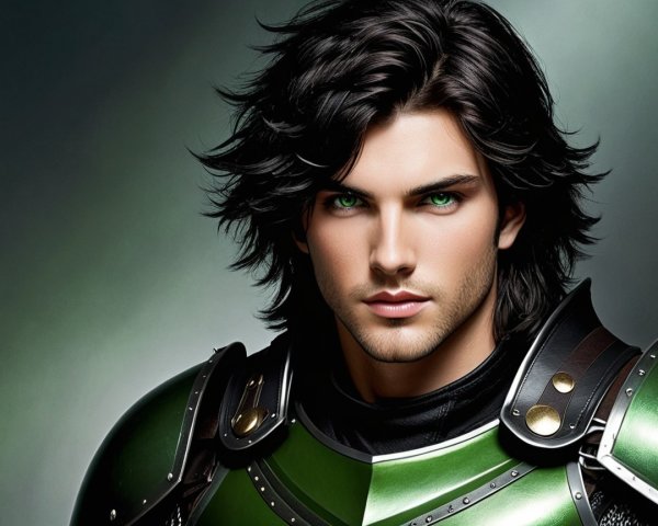 Male figure in green and silver armor with black hair