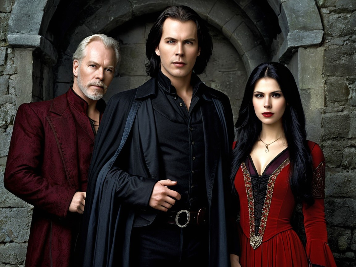 Dramatic Poses of Three Individuals at a Castle