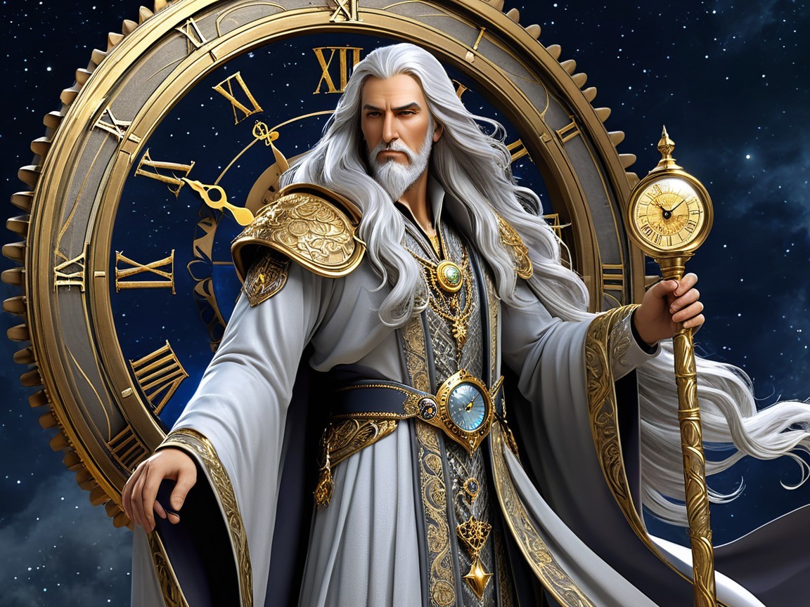Majestic Figure Before Intricate Celestial Clock Face
