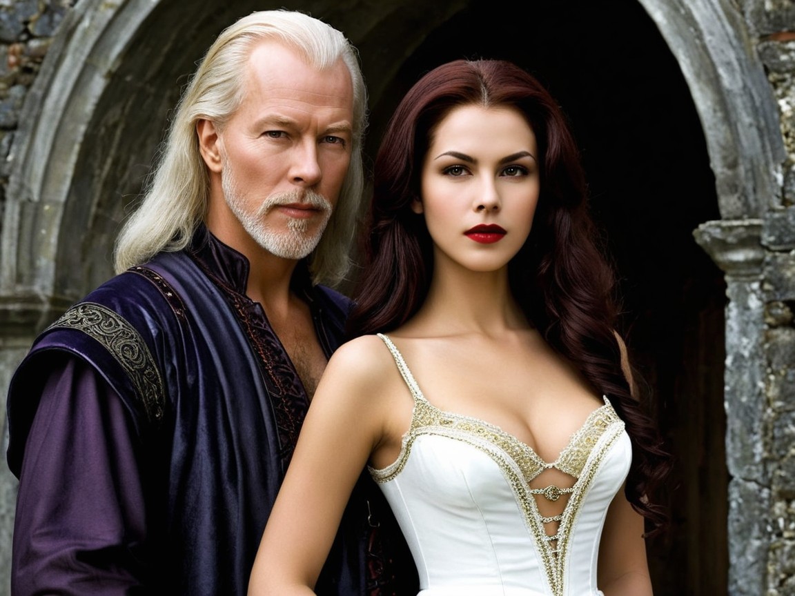 Mysterious Duo in Regal Attire Against Stone Backdrop