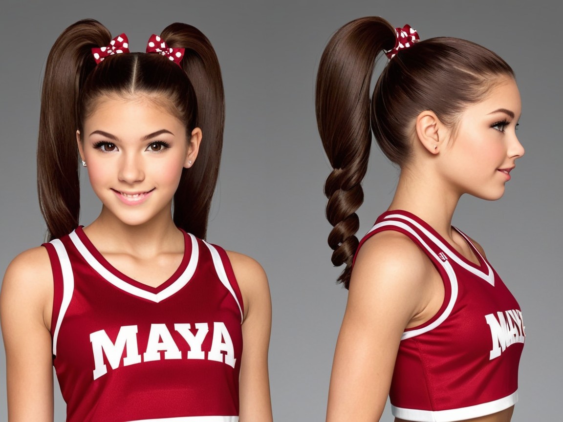 Young Cheerleader in Red Uniform with Ponytails