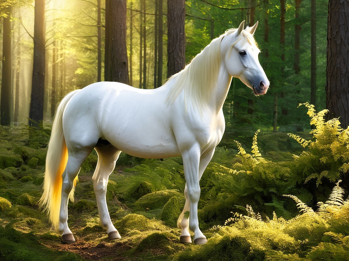 Majestic White Horse in Serene Forest Setting