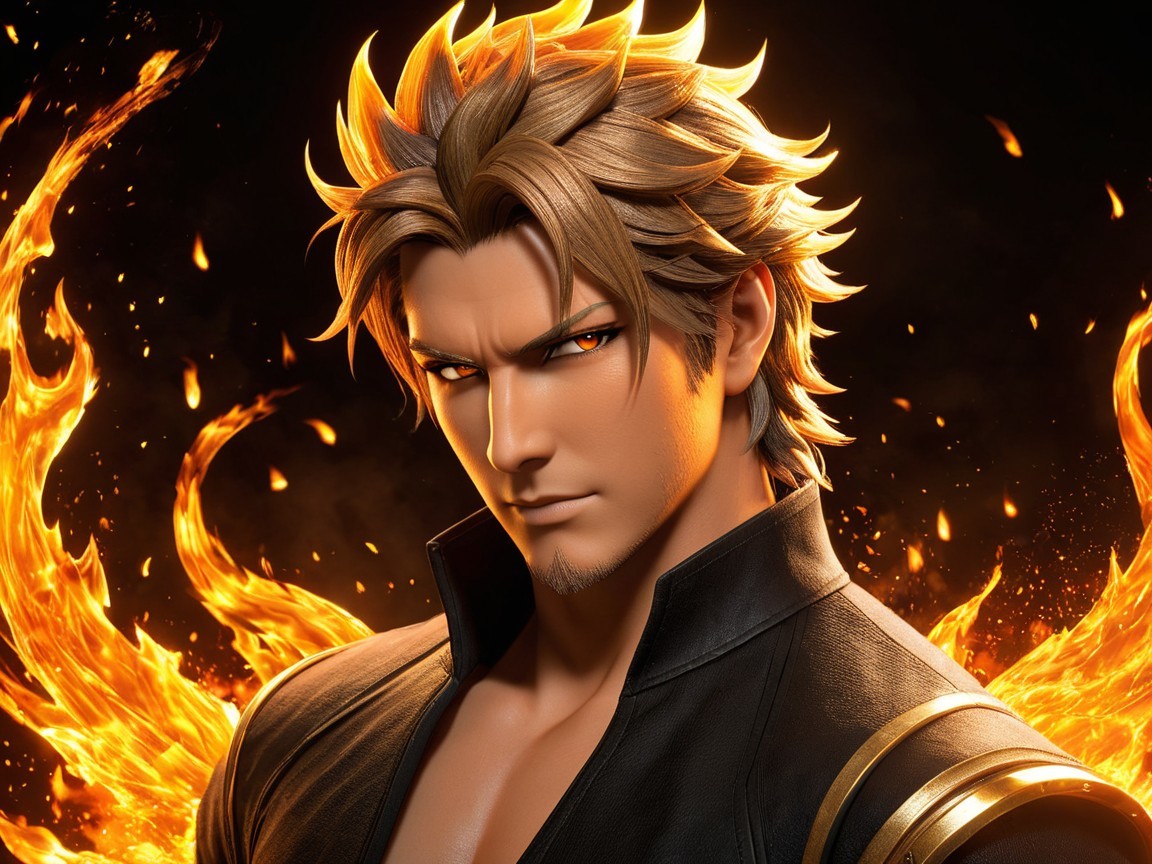 Muscular Male Character Surrounded by Swirling Flames