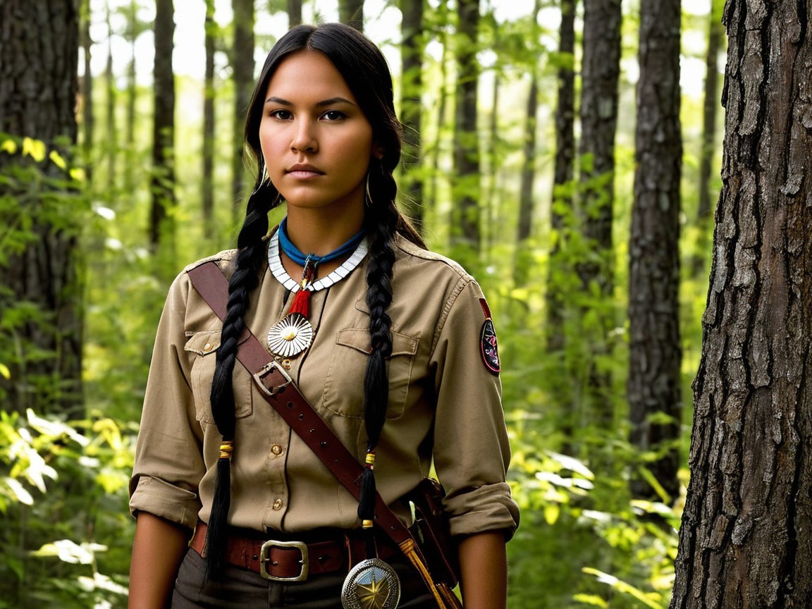 Young Woman in Forest with Tribal Jewelry and Braids