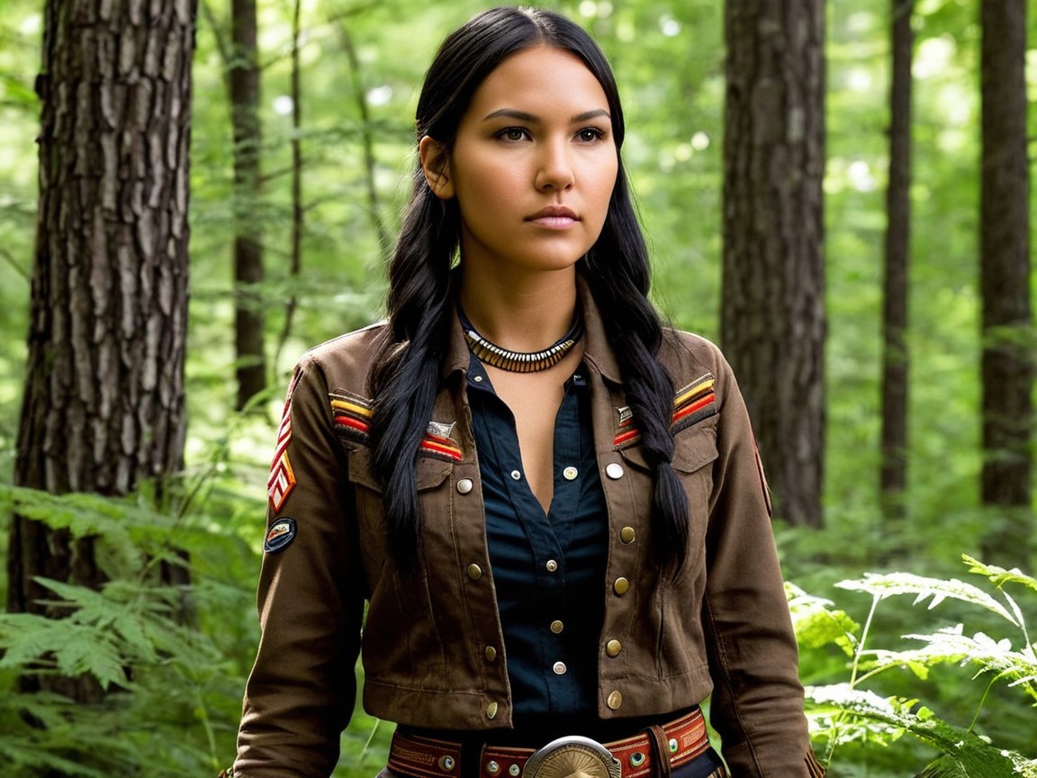 Young Woman in Stylish Jacket in Forest Setting