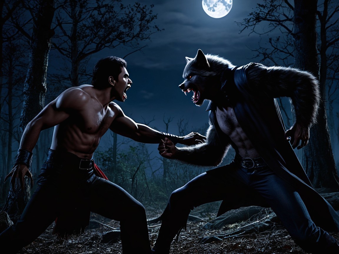 Confrontation in a Moonlit Forest: Man vs. Creature