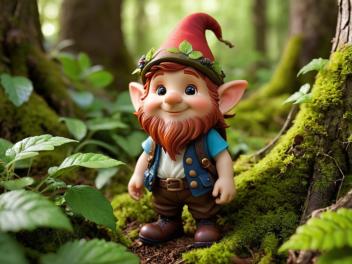 Charming Forest Gnome in Lush Greenery and Trees