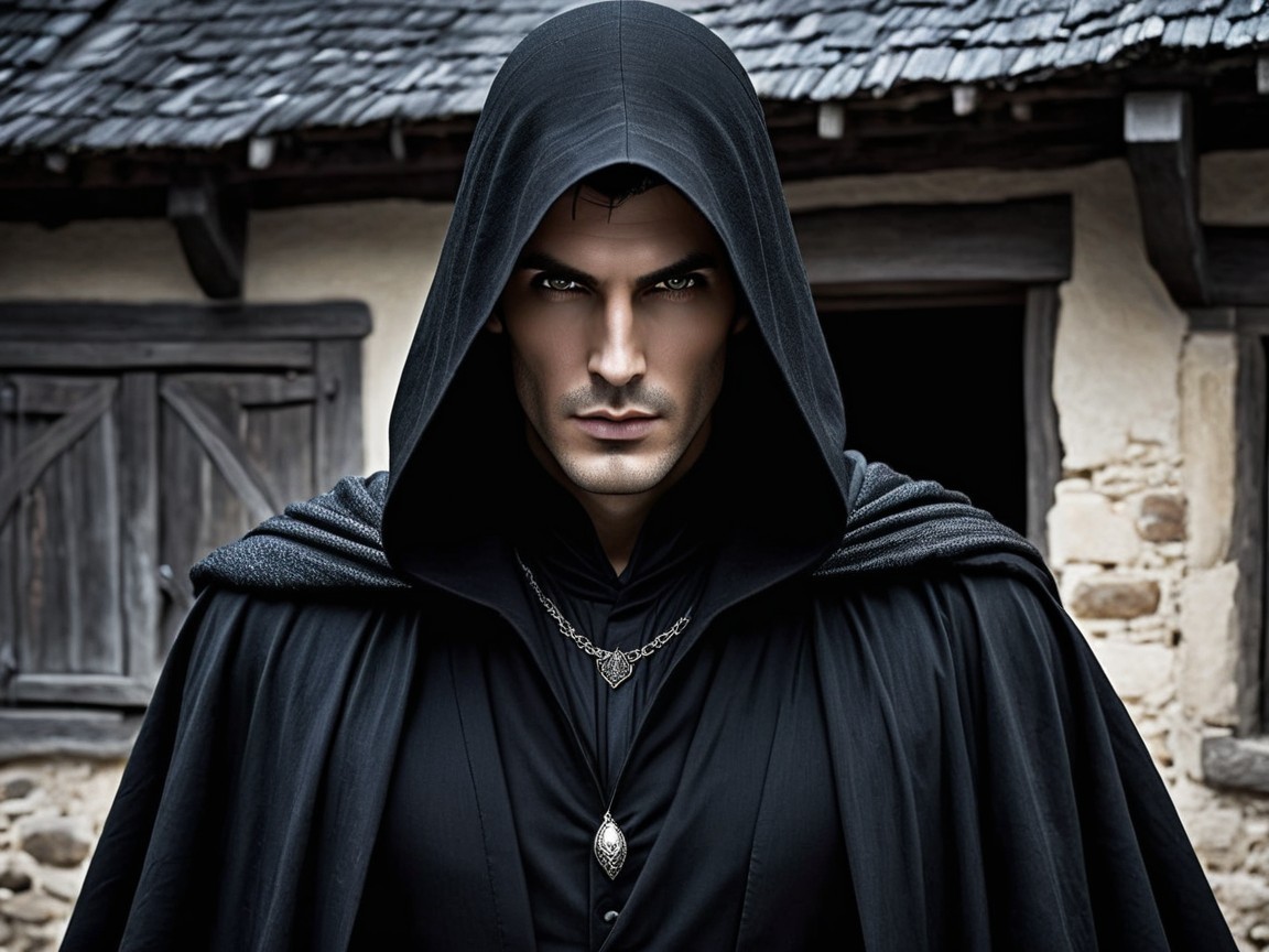 Mysterious Figure in Black Cloak Against Stone Building