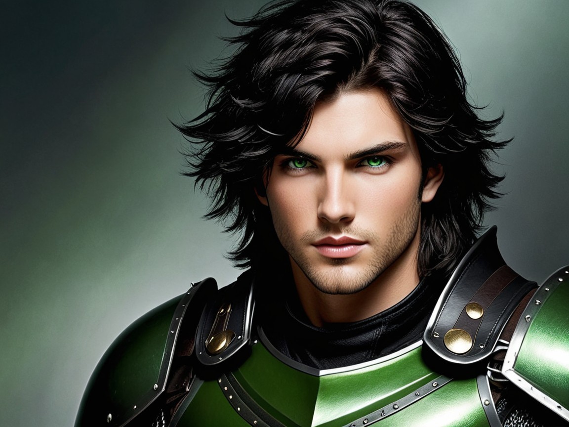 Male figure in green and silver armor with black hair