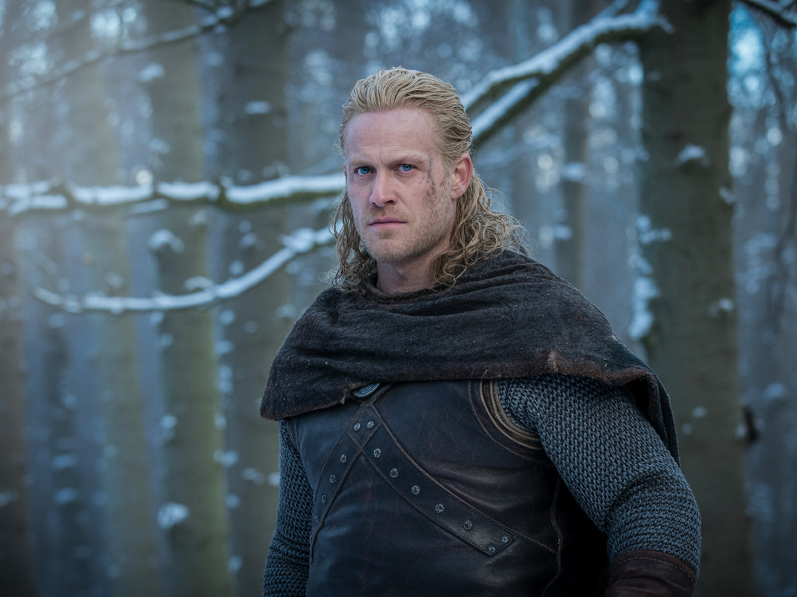 Rugged warrior in snowy forest with chainmail and cloak
