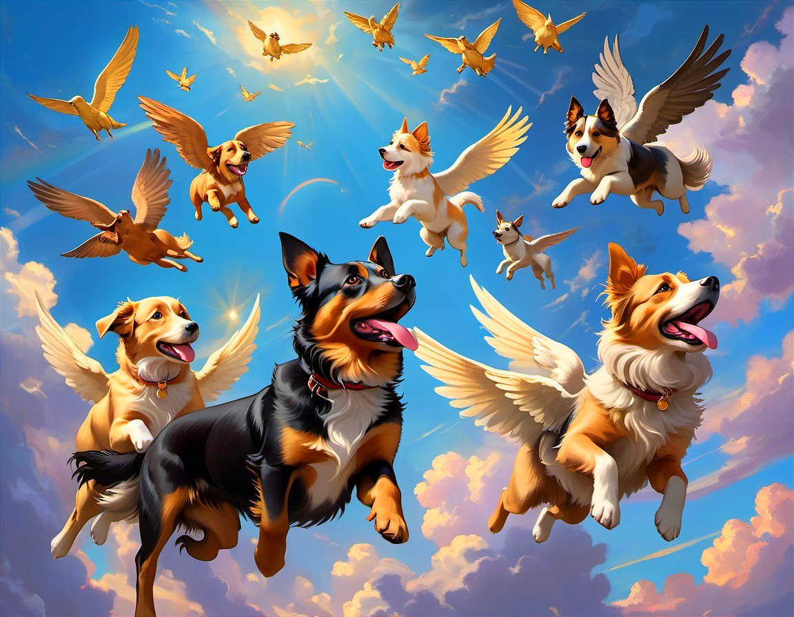 Joyful Dogs with Wings Soaring in a Bright Sky
