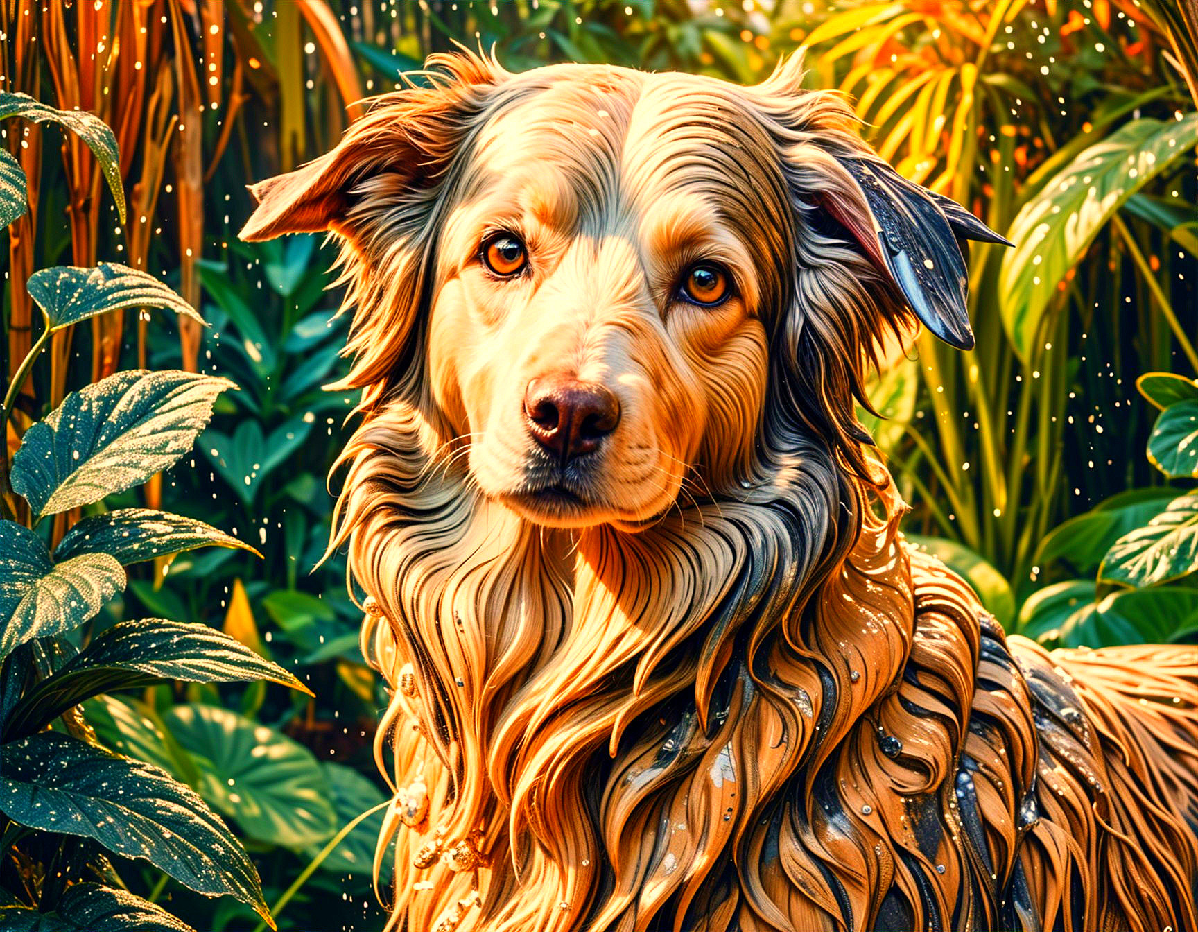 Golden Retriever in Tropical Foliage Setting