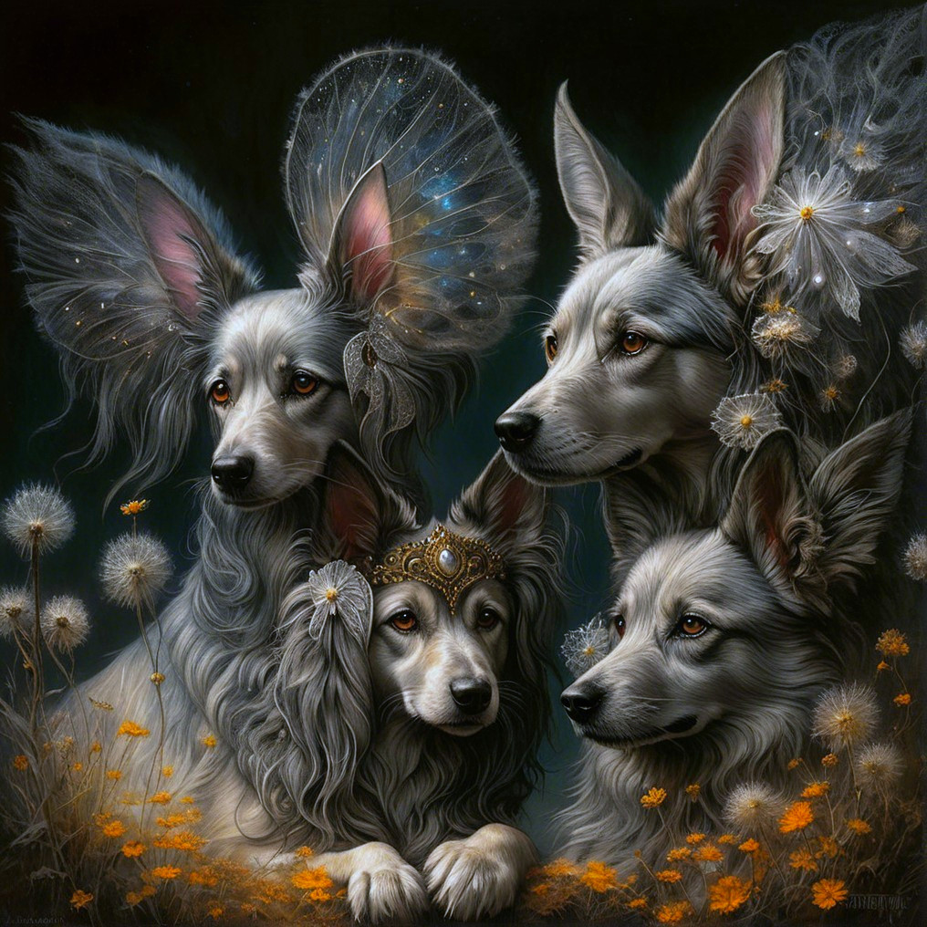 Whimsical Portrait of Elegant Dogs with Accessories