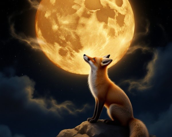 Fox on Rocky Ledge Under Luminous Full Moon