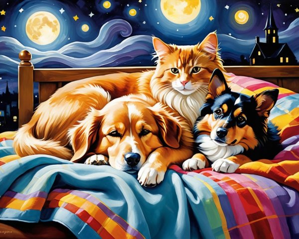Cozy Nighttime Scene with Pets on a Colorful Blanket