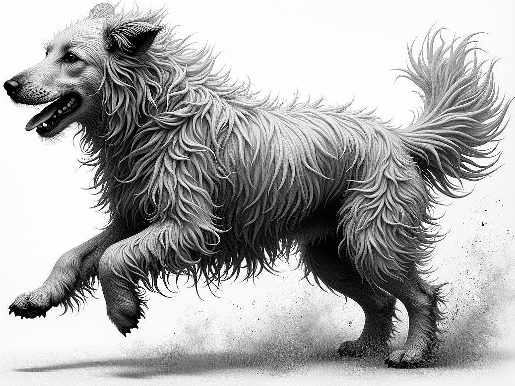 Fluffy Dog Running with Joyful Expression and Dust Clouds
