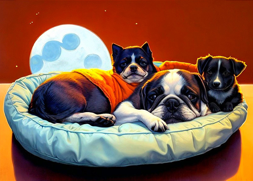 Dogs Relaxing Together in Cozy Dog Bed Under Moonlight