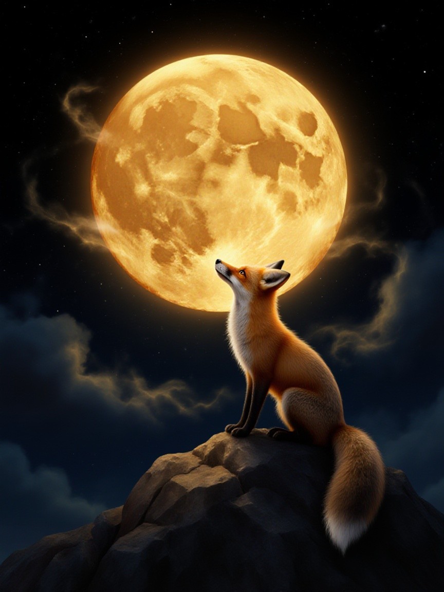 Fox on Rocky Ledge Under Luminous Full Moon