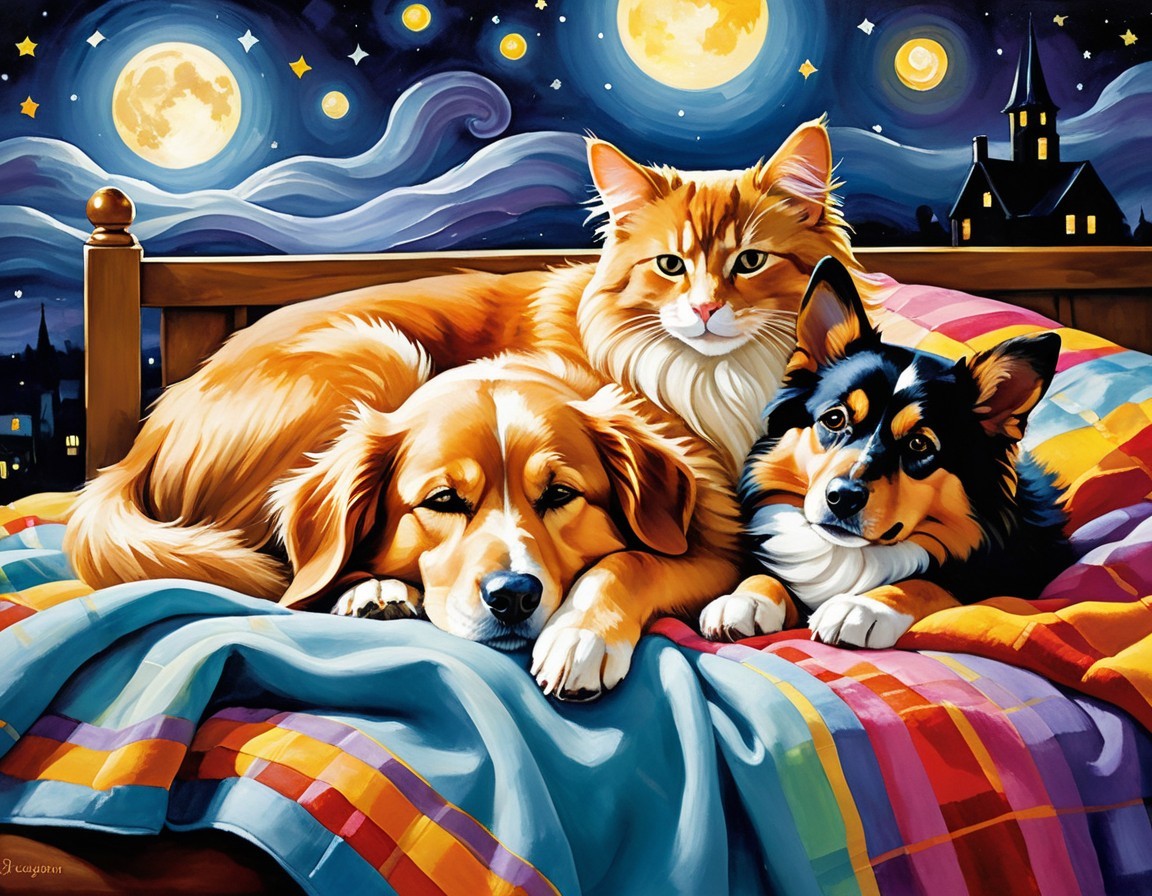 Cozy Nighttime Scene with Pets on a Colorful Blanket