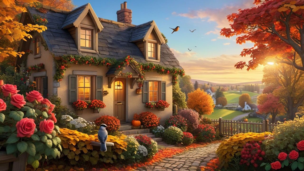 Cottage Amidst Vibrant Autumn Foliage and Pumpkins