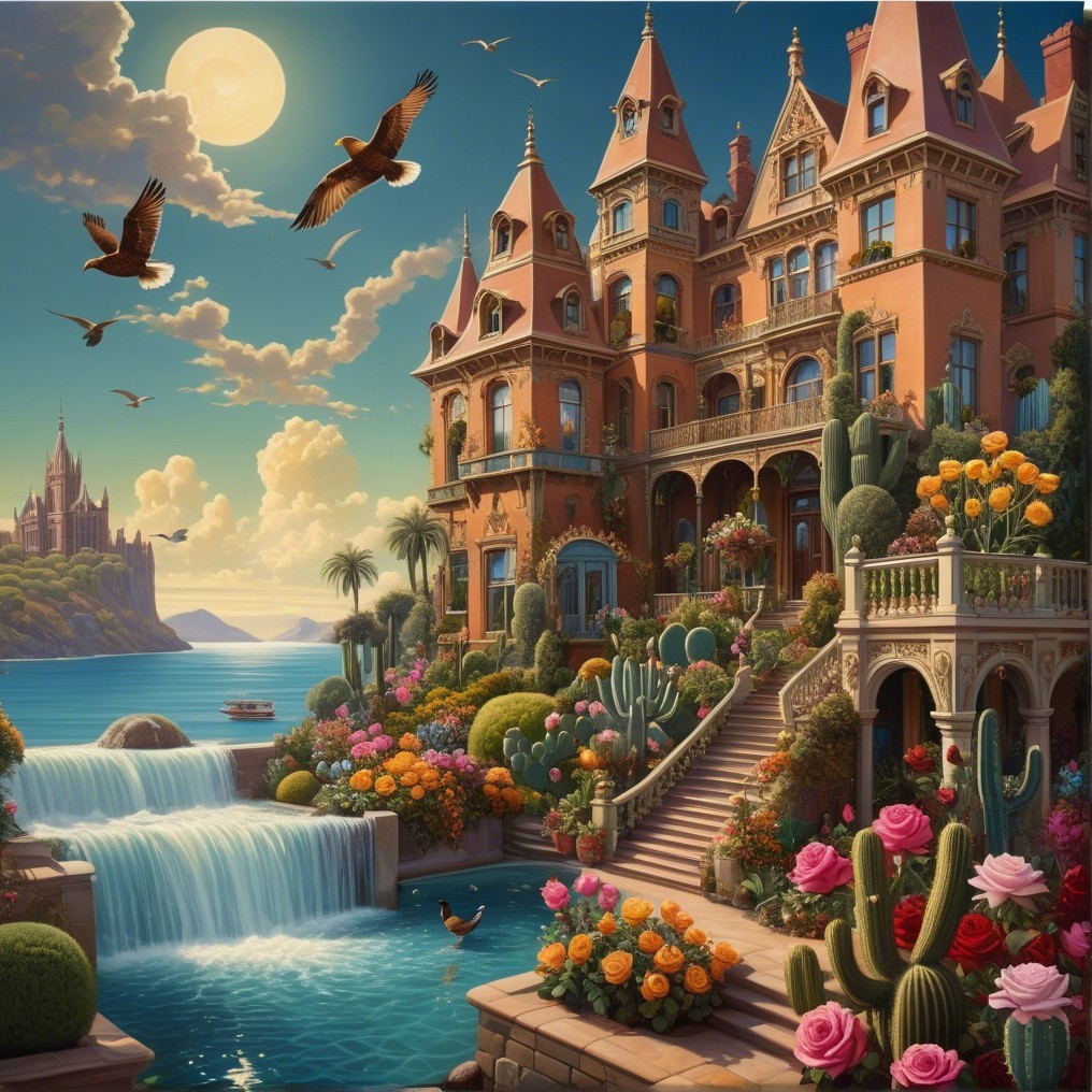 Ornate mansion with gardens and cascading waterfall