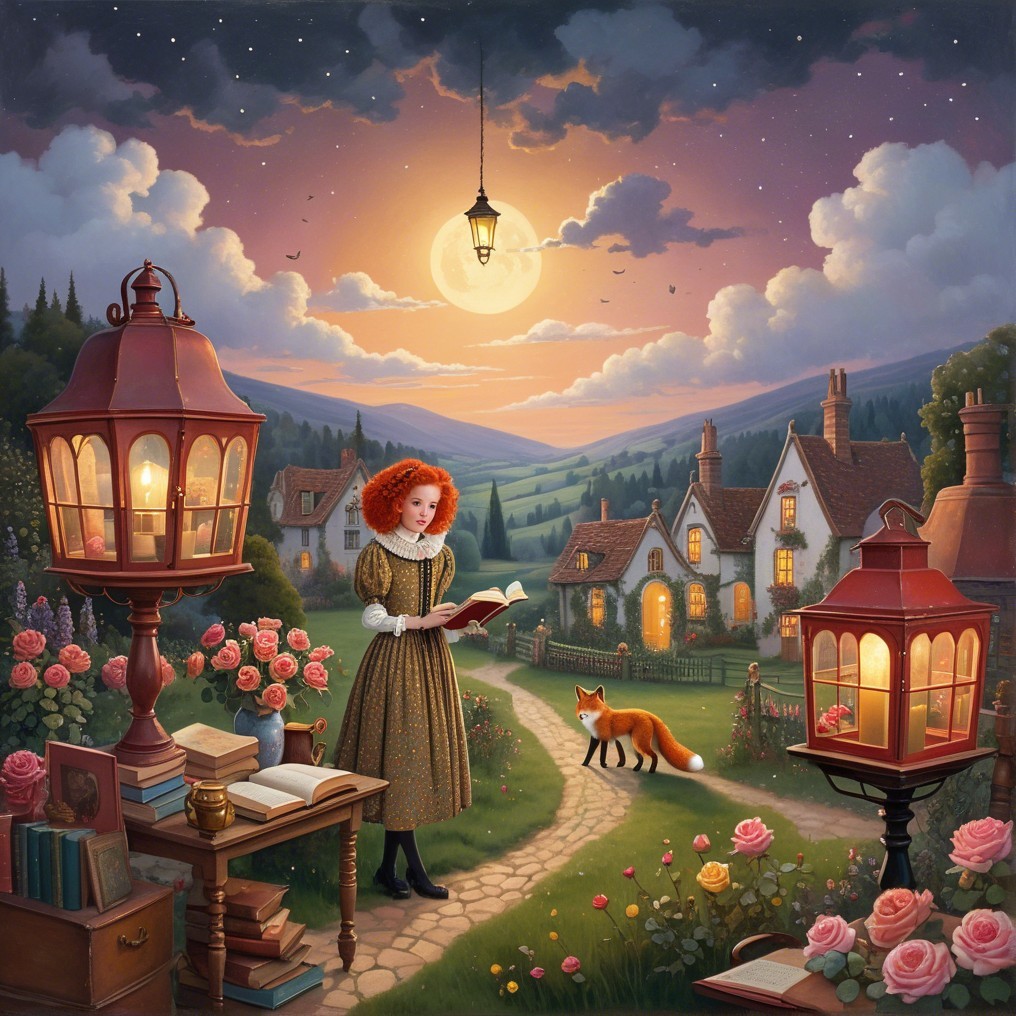 Whimsical Dusk Landscape with Girl and Lanterns