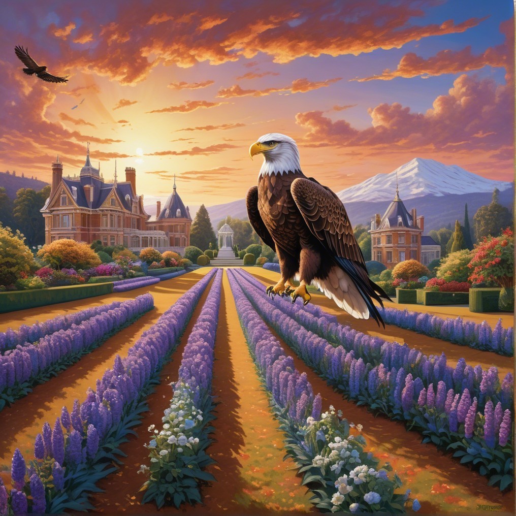 Eagle in Garden with Mansion and Sunset Background