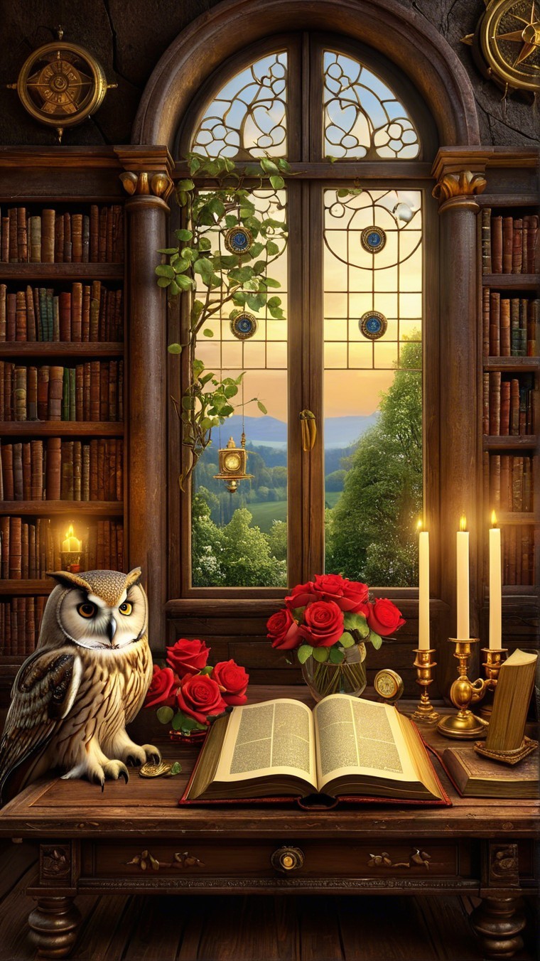 Cozy library scene with books, owl, and roses
