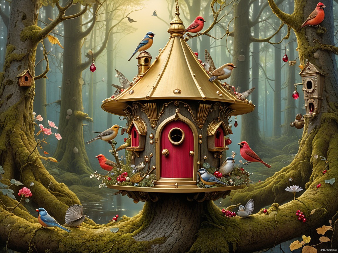 Whimsical Gold and Red Birdhouse in Serene Forest