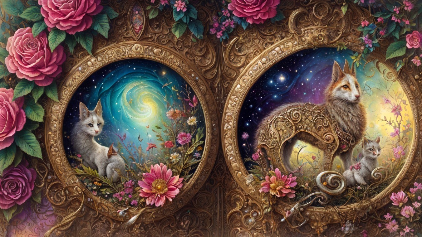 Ornate Scene with Cat and Fox in Cosmic Floral Frames