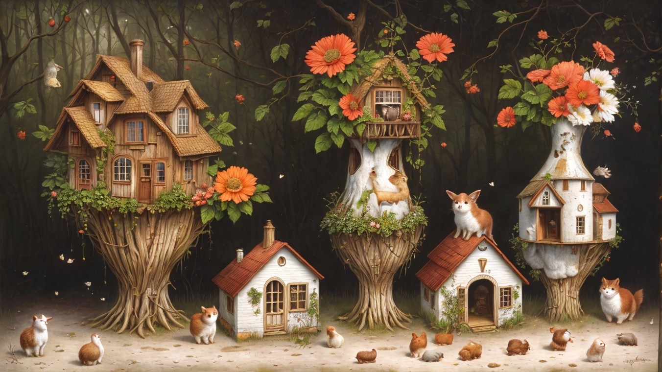 Whimsical Tree Stump Houses in a Fairy-Tale Setting