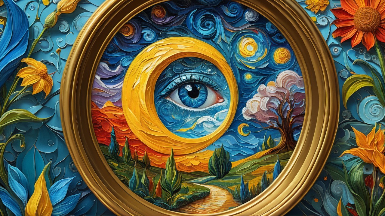 Textured Eye Artwork in Golden Frame with Landscape