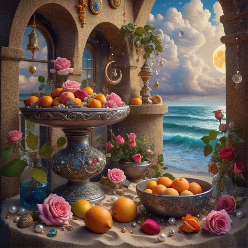 Elegant Still Life of Coastal Scene with Oranges and Roses