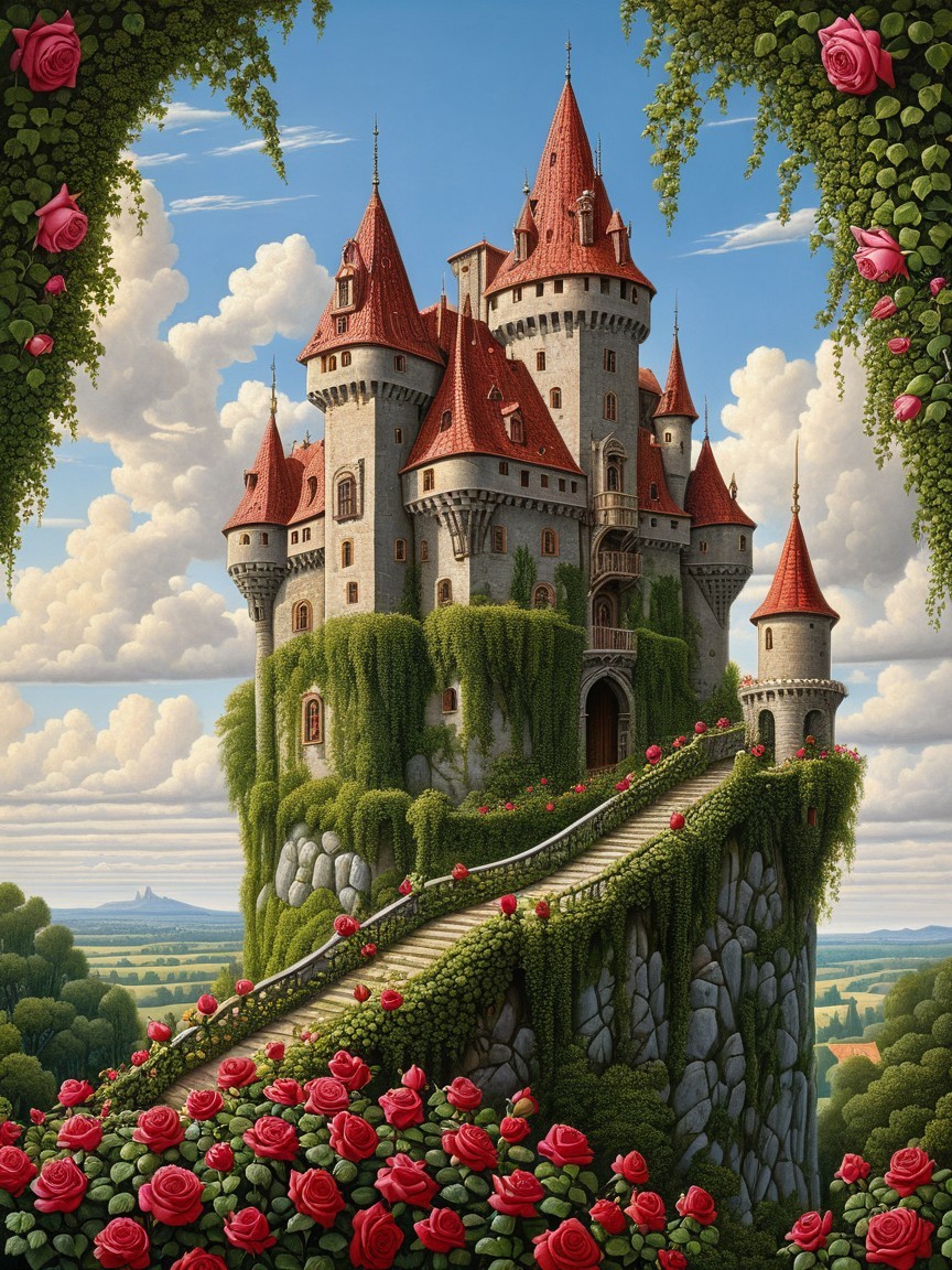 Majestic castle on a green cliff with red roses