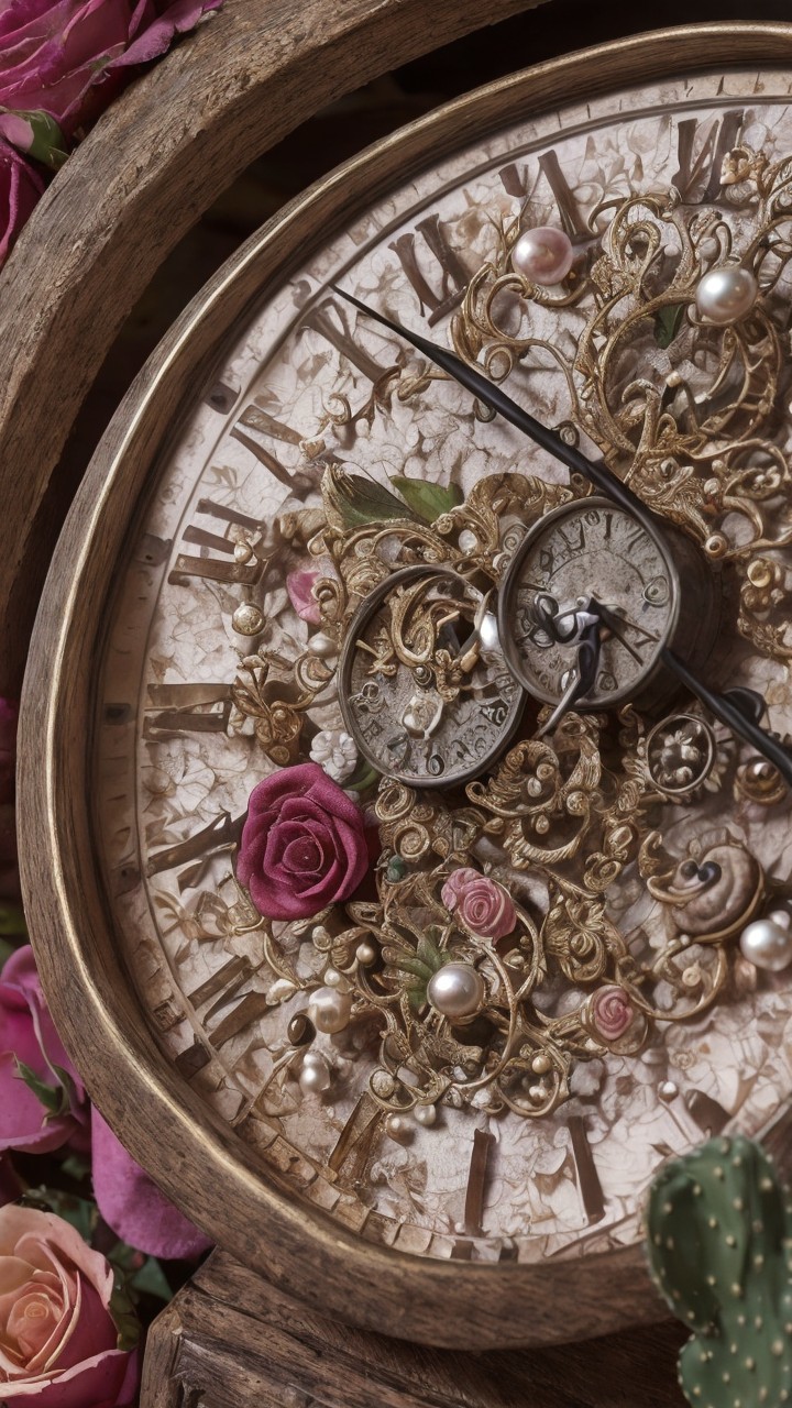 Ornate Vintage Clock with Floral Patterns and Roman Numerals