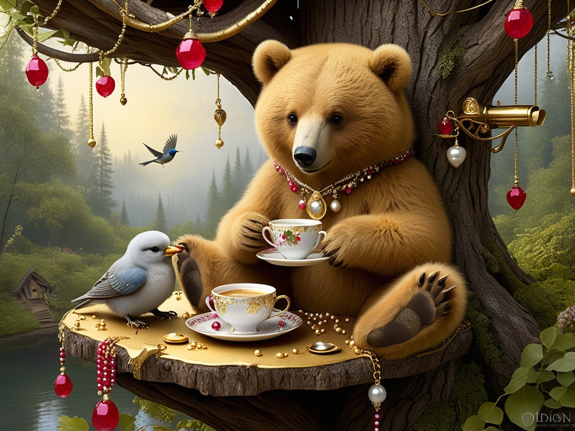 Fluffy Bear Enjoys Tea in Vibrant Forest Setting