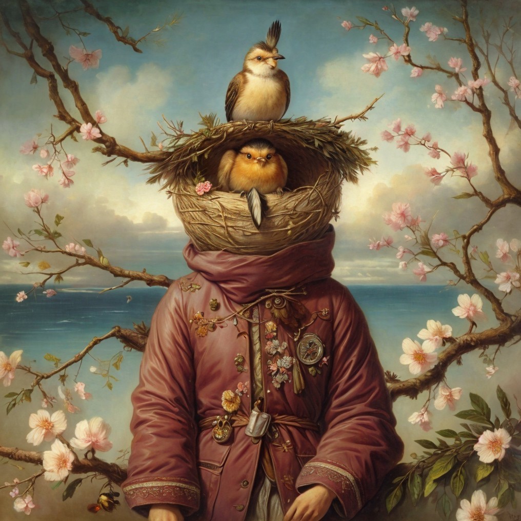 Whimsical Portrait with Wooden Head and Cherry Blossoms