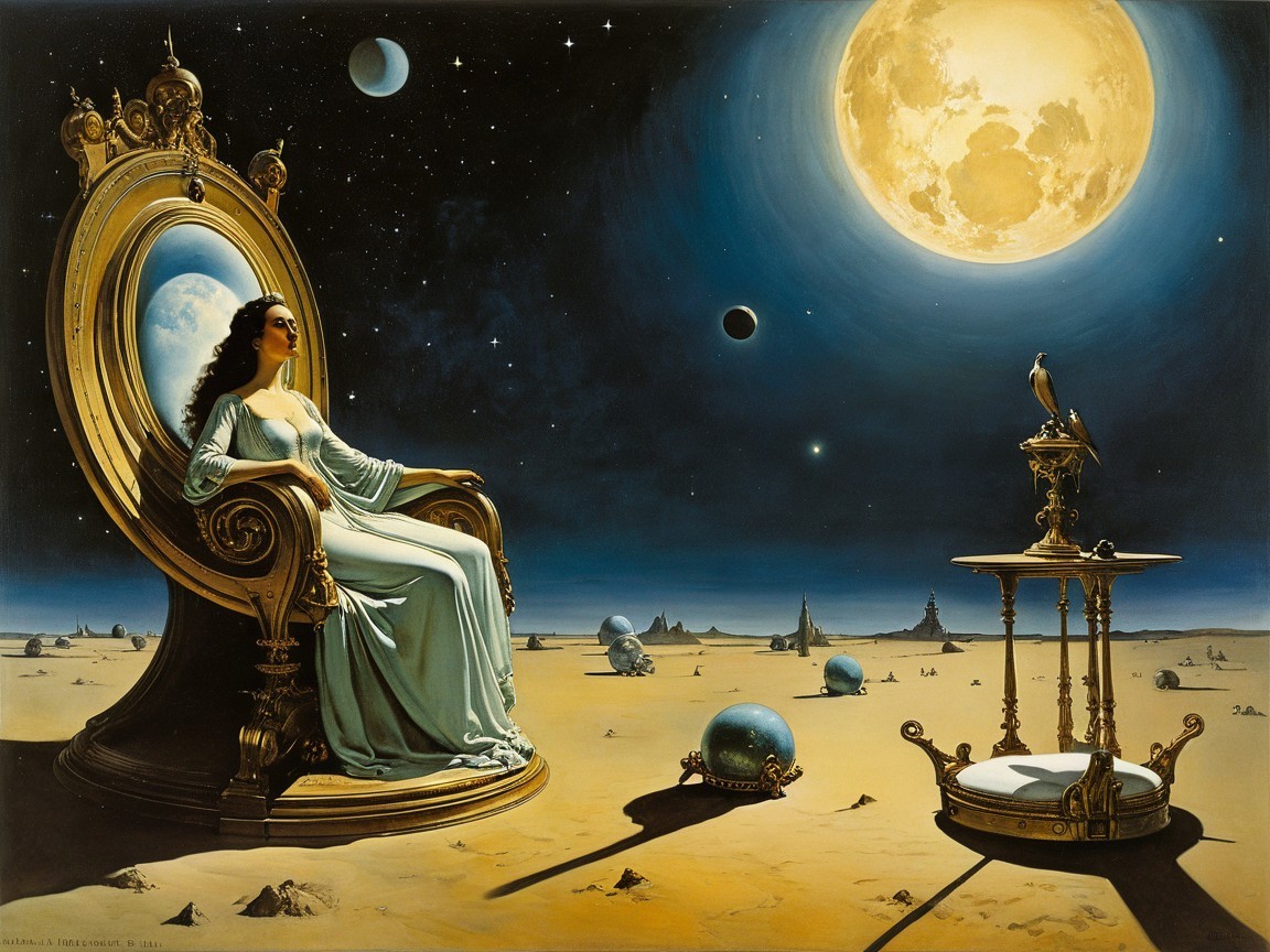 Surreal Moonlit Landscape with Elegant Woman and Objects