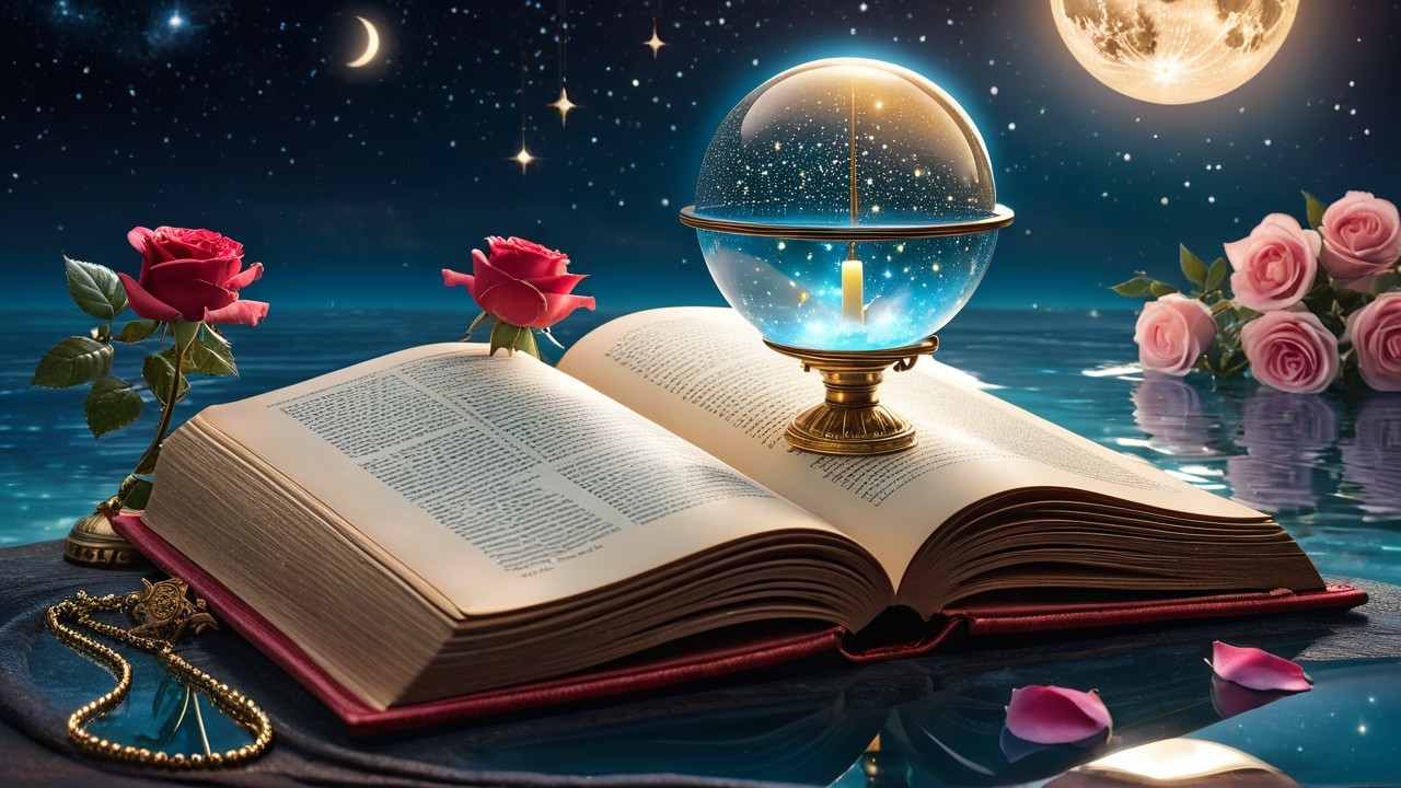 Ancient Book with Crystal Globe and Starry Background
