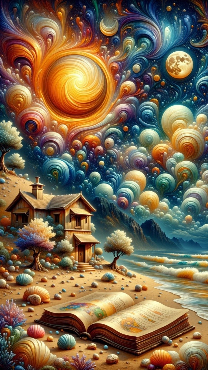 Whimsical Landscape with House, Book, and Cosmic Sky