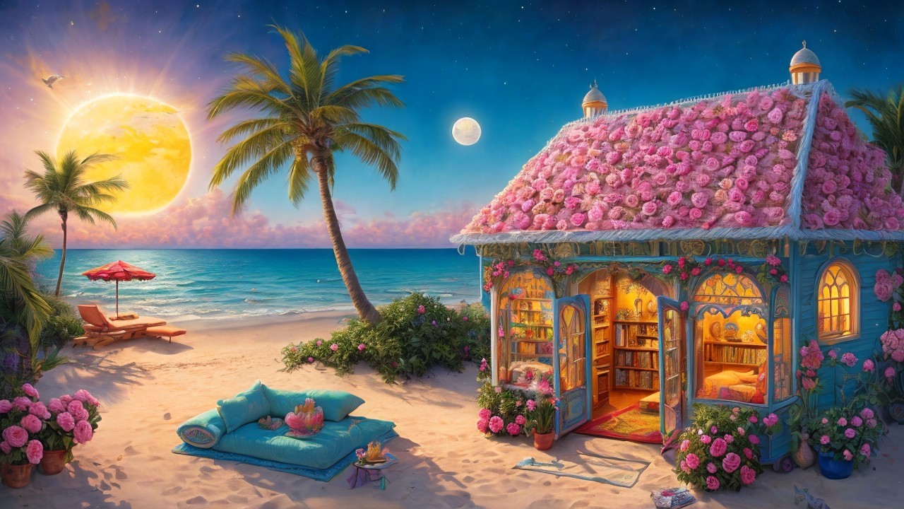 Whimsical seaside cottage with pink roses at sunset
