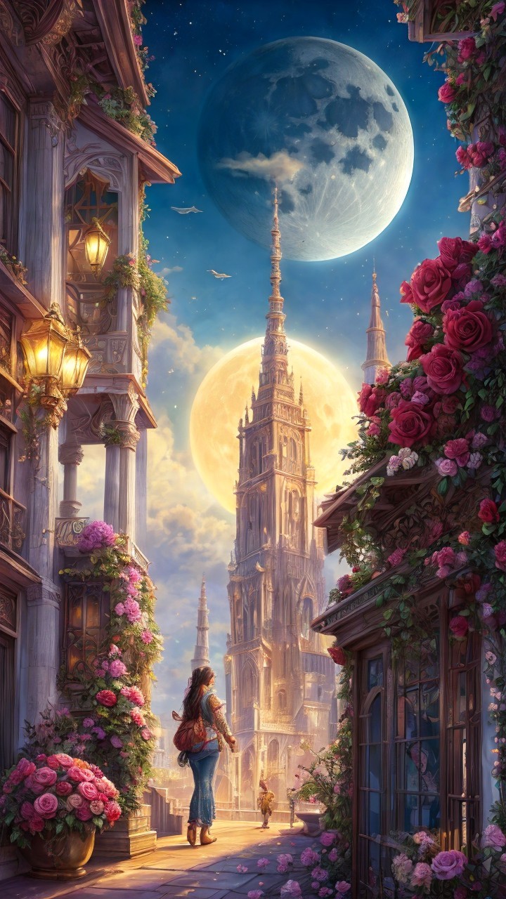 Enchanting Twilight Street Scene with Roses and Lanterns