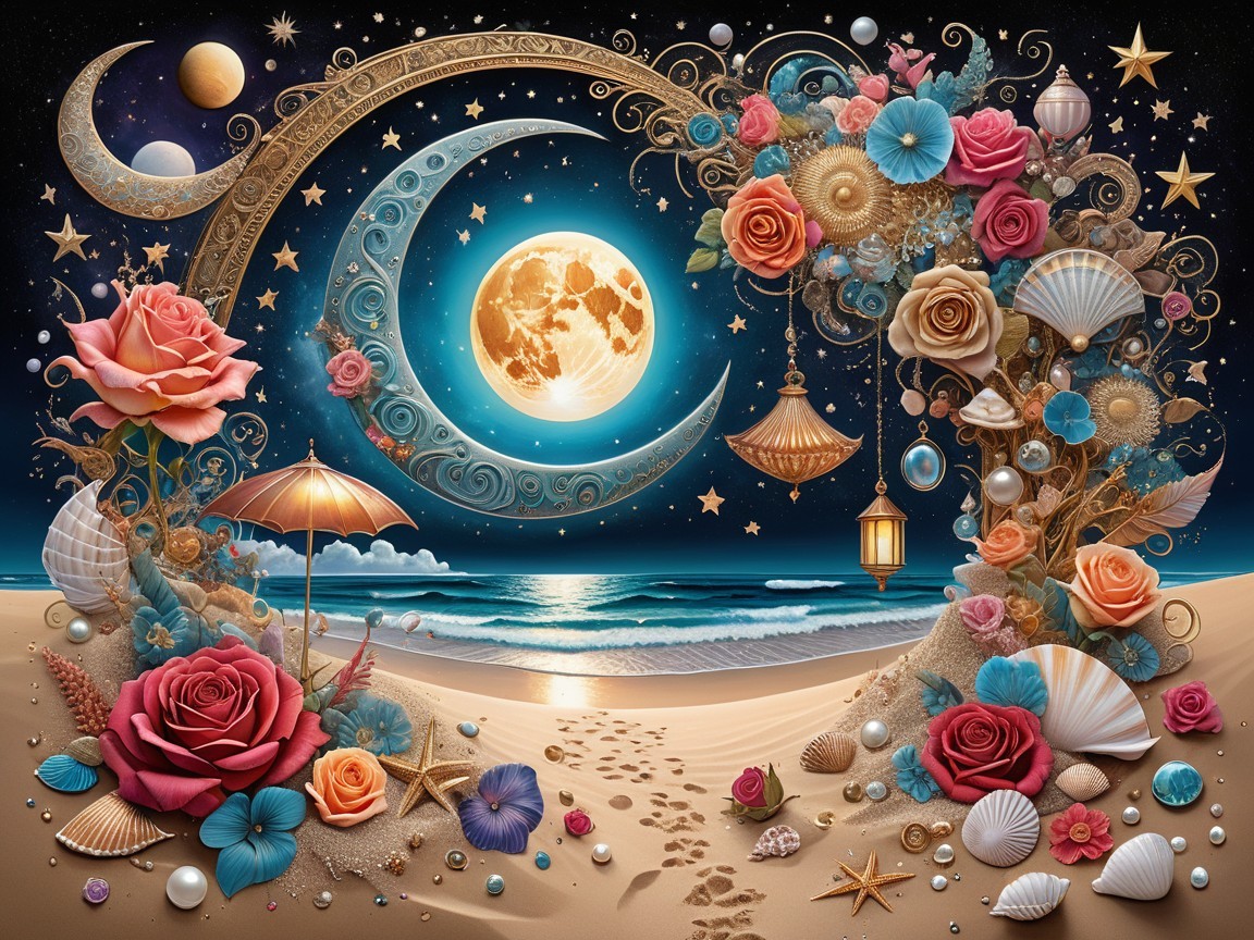 Whimsical Beach Scene with Floral Designs and Moons