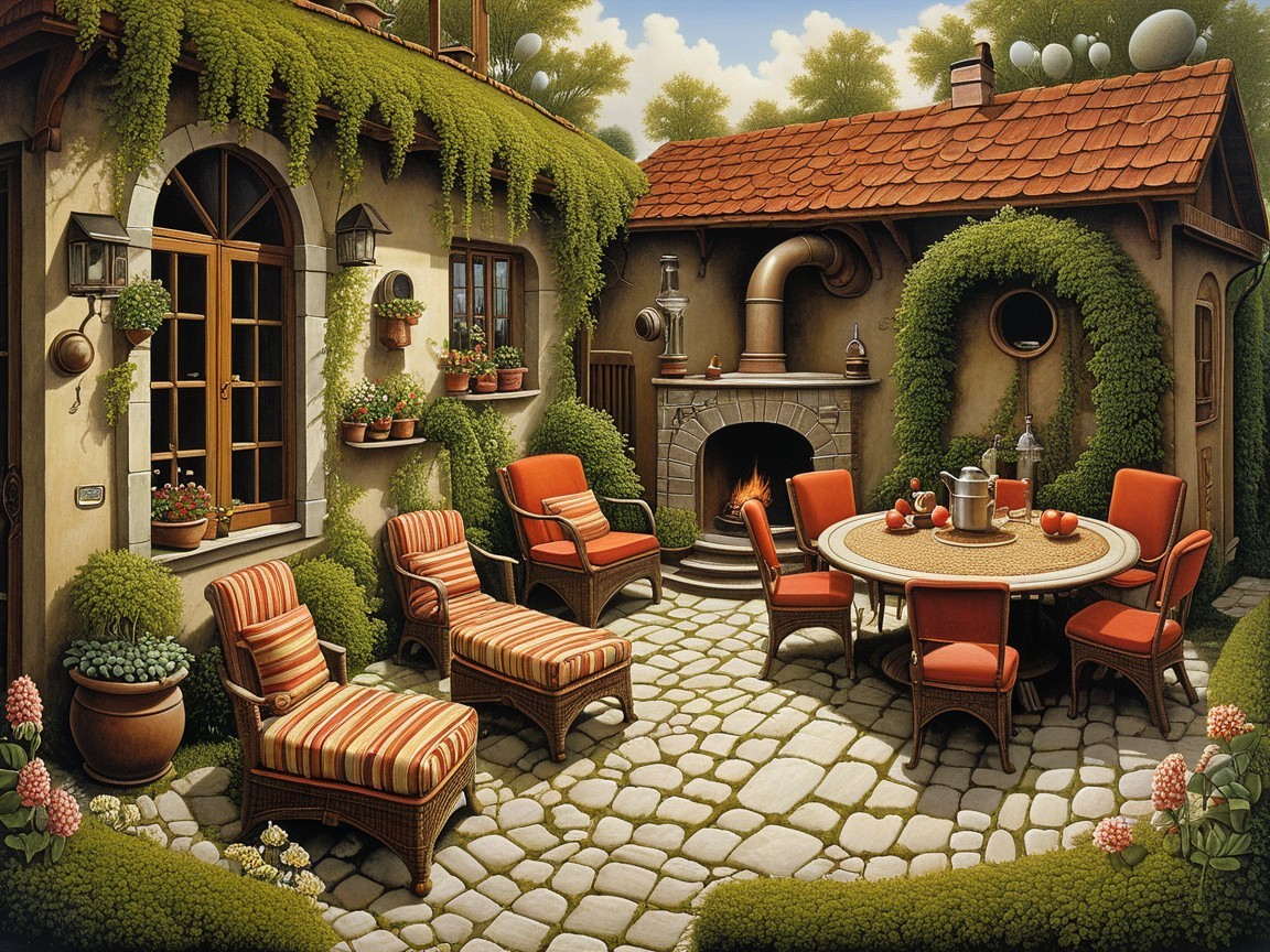 Cozy Outdoor Patio with Round Table and Greenery