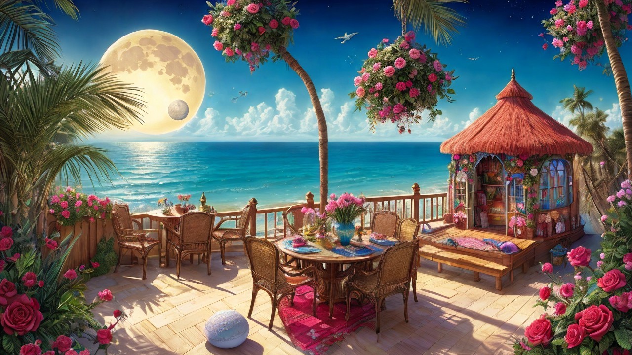 Vibrant Oceanfront Terrace with Wooden Table and Moon