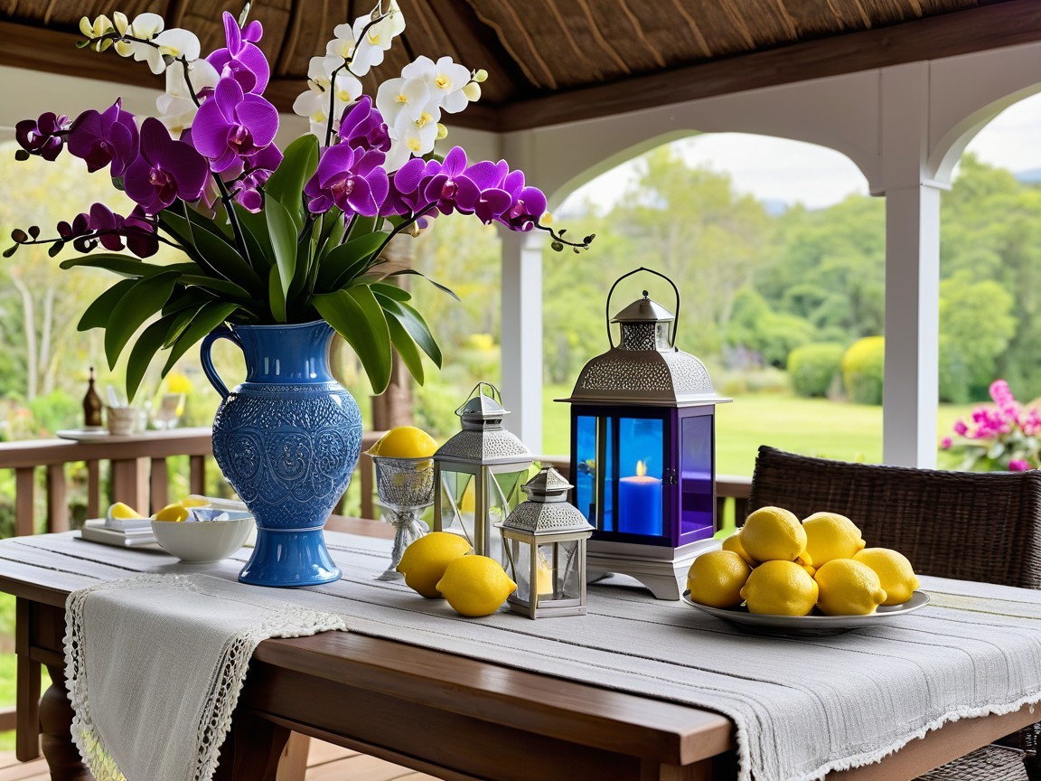 Outdoor Dining Setup with Orchids and Lemons