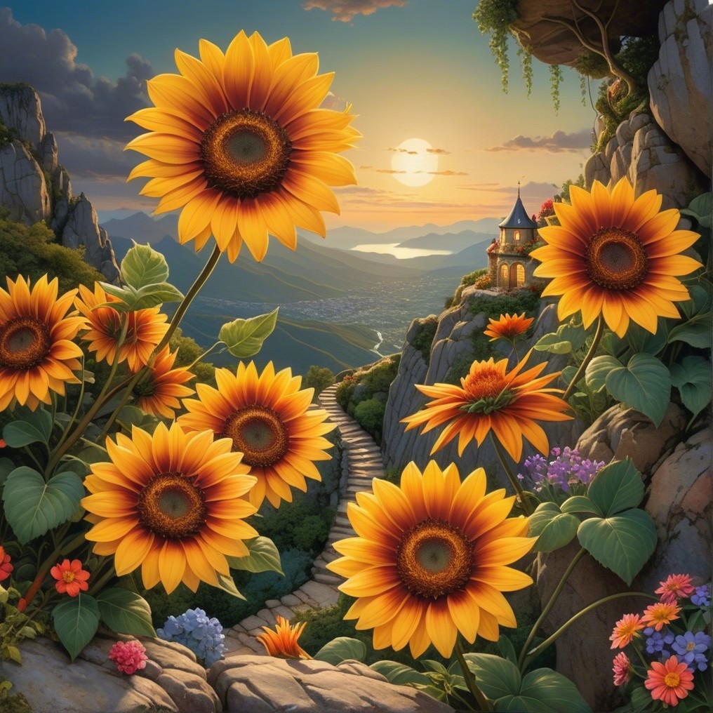 Vibrant Landscape with Sunflowers and Rolling Hills