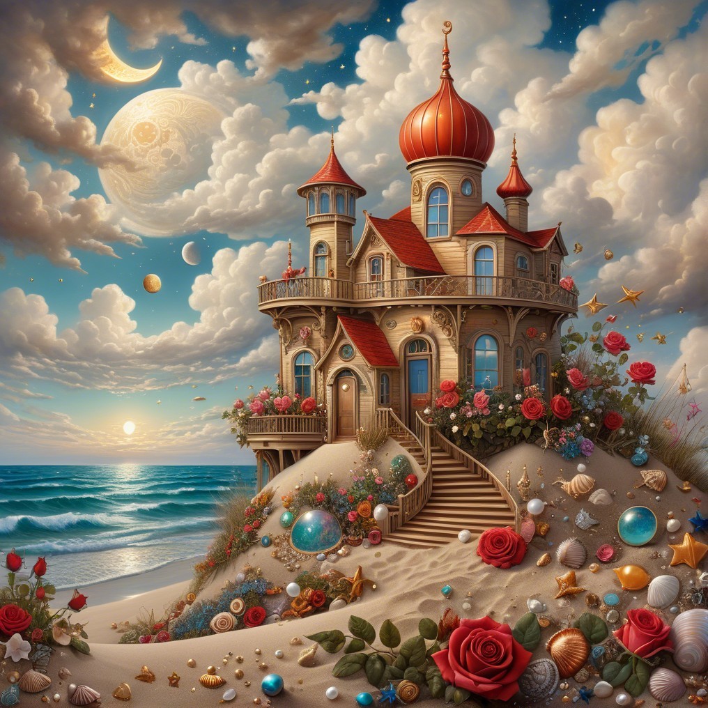 Whimsical seaside castle with vibrant red domes